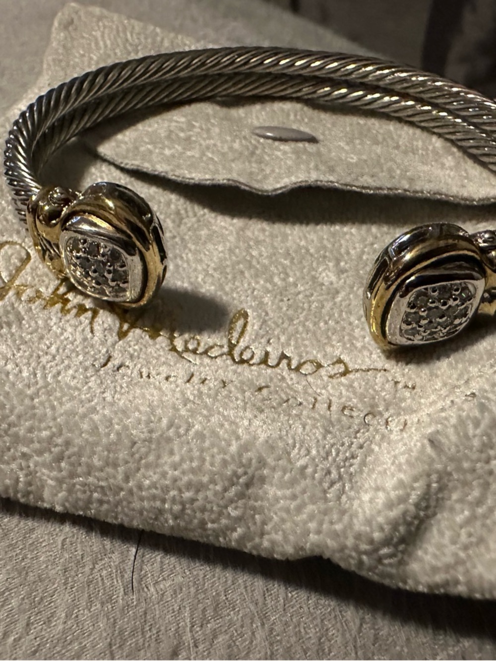 John Medeiros Two Tone Cable Cuff Bracelet with Pave Crystal Ends